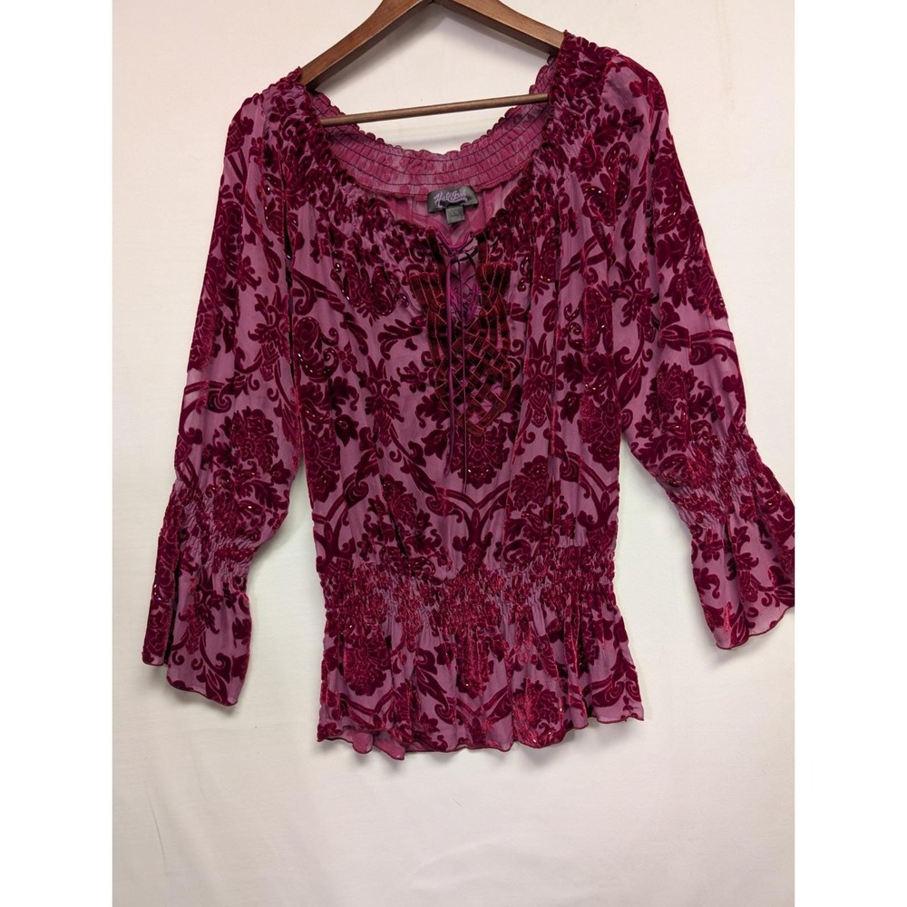 Hale Bob Burn Out Velvet Multi Floral Red Maroon Silk Blend V Neck Top Size XS